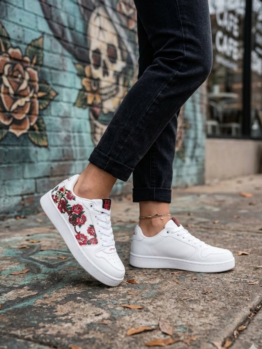 New  Ed Hardy Women’s White Court Sneakers Red Rose Tattoo Graphic Size 8 & 10